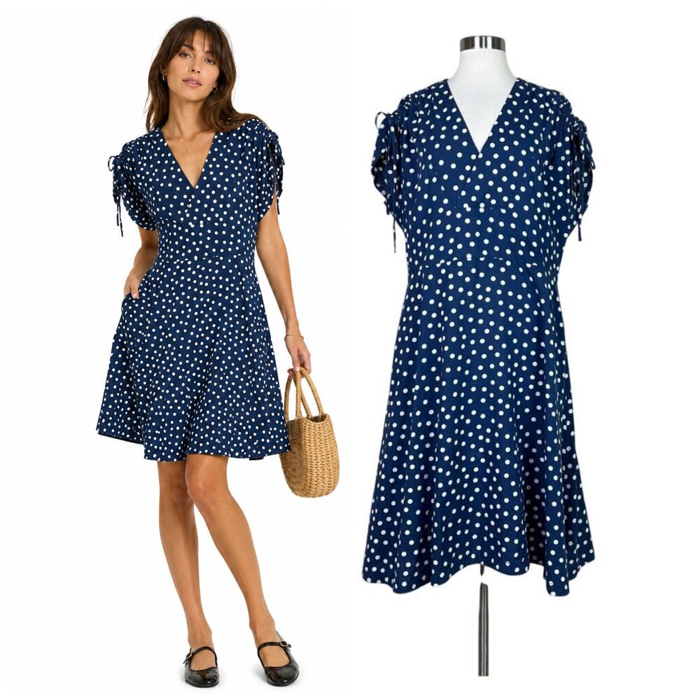 A.P.C. | Linen Cotton Blue White Polka Dot V Neck Fit Flare Midi Dress Size 38